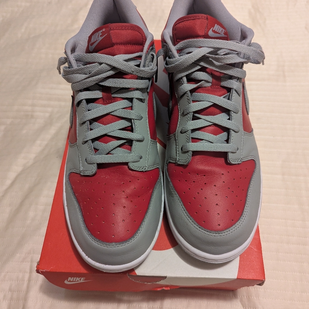Nike Red and Gray Dunk Low Athletic Shoes